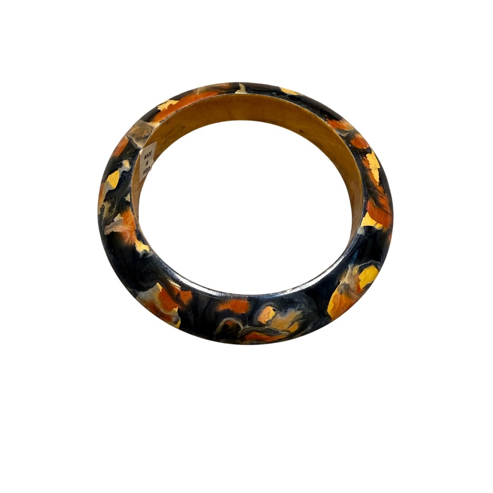 Vintage Boho Marbled Resin Wood Earthy Artisan Bangle Bracelet Black Amber India